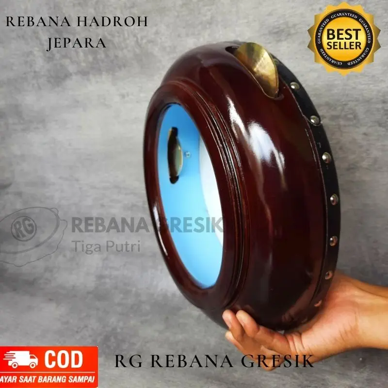 Rebana Hadroh model Jepara kayu mangga ukuran 30 kencer kuningan
