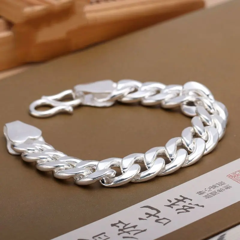 Vòng tay Màu bạc Sterling 999 dành cho nam giới, Màu bạc đầy đủ, dây chuyền phẳng, thanh lịch, hợp thời trang, vòng tay roi ngựa dày, vòng tay chàng trai độc đoán rộng