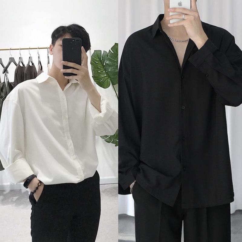 Áo sơ mi rộng unisex nam nữ đi học đi làm đi chơi tay dài nhiều màu sắc vải lụa mềm mịn không nhăn thấm hút mồ hôi Từ 40-85kg Menswear Trắng