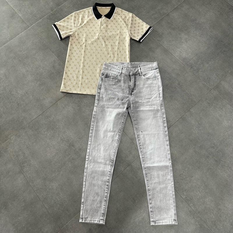 Quần Jean 1905 + Áo Polo Nam BBR Cổ Bẻ Họa Tiết In Chuyển Nhiệt Full Áo-Áo Polo Chất Liệu Cá Sấu Cotton  Cực Đẹp Menswear Top Shirt Có Cổ Pants  Ngắn Tay Menswear Top  Jacket