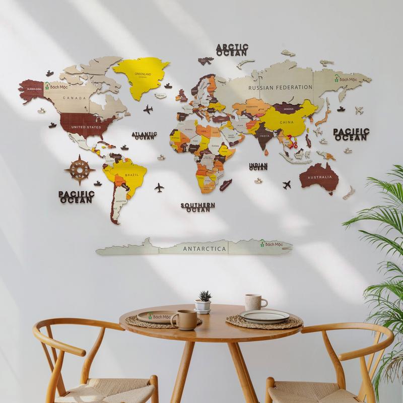 Bản đồ gỗ Thế Giới Size 1.5m lắp ghép dán tường decor trang trí treo phòng khách phòng làm việc bàn học công ty trường học từ nhà Bách Mộc Decal Đồng bọc Xốp bảo vệ