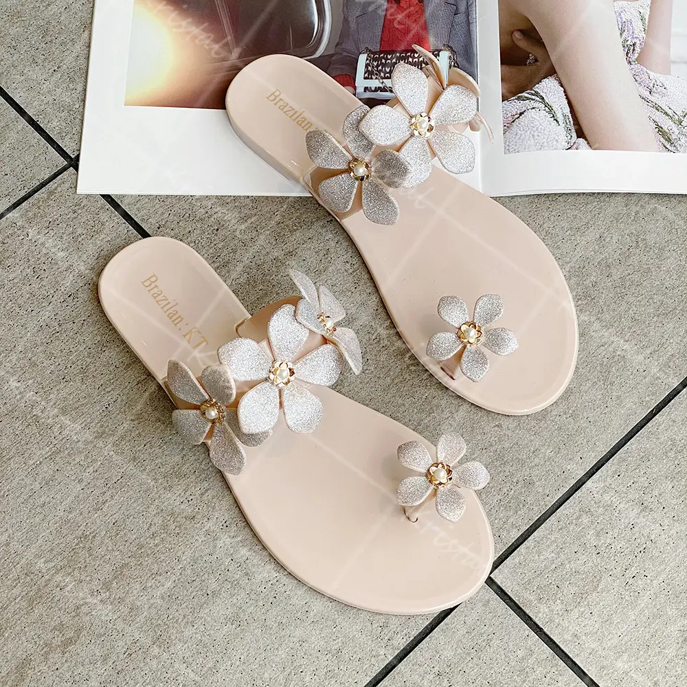 【Kristal】（36~40）Flower Style Finger Toe Straps Design Glittering Rubber Flat Sandals Fashionable for Women#321-5-L