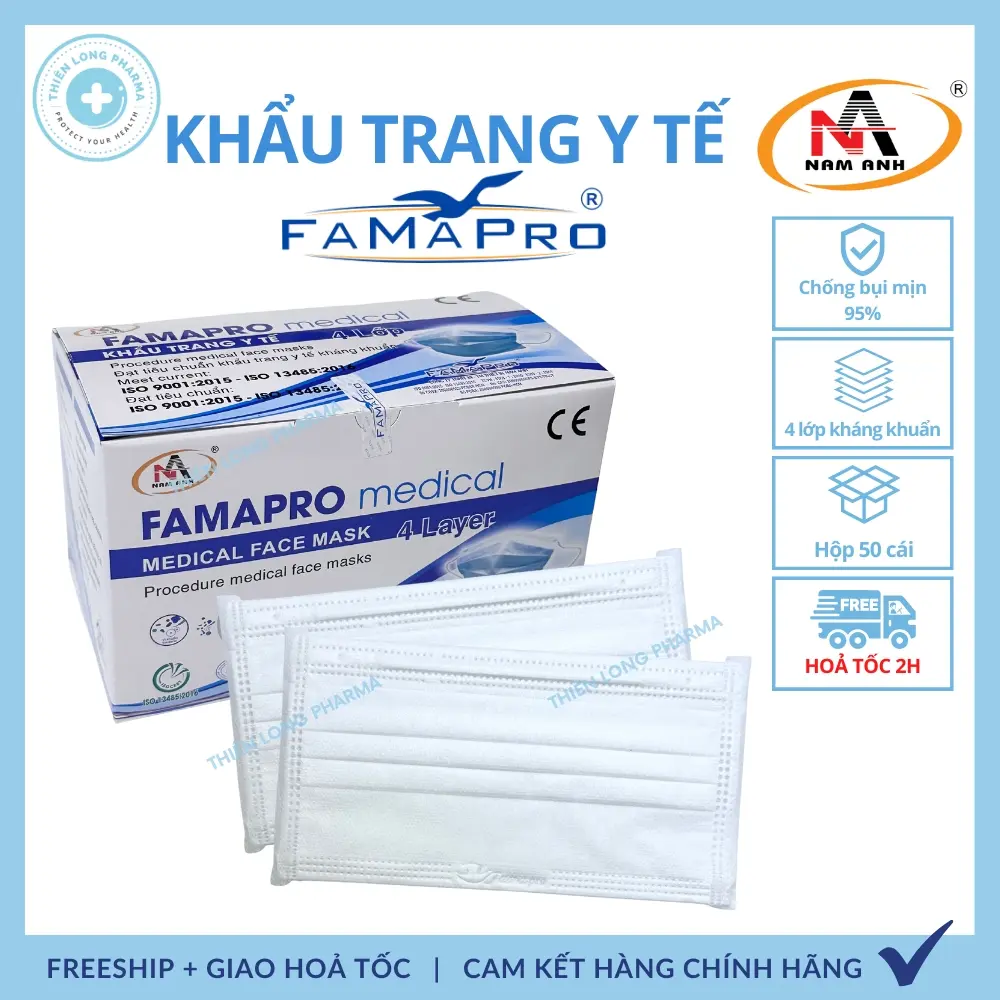 [Combo 5 Hộp] Khẩu trang y tế 4 lớp kháng khuẩn Famapro - Hàng chính hãng công ty