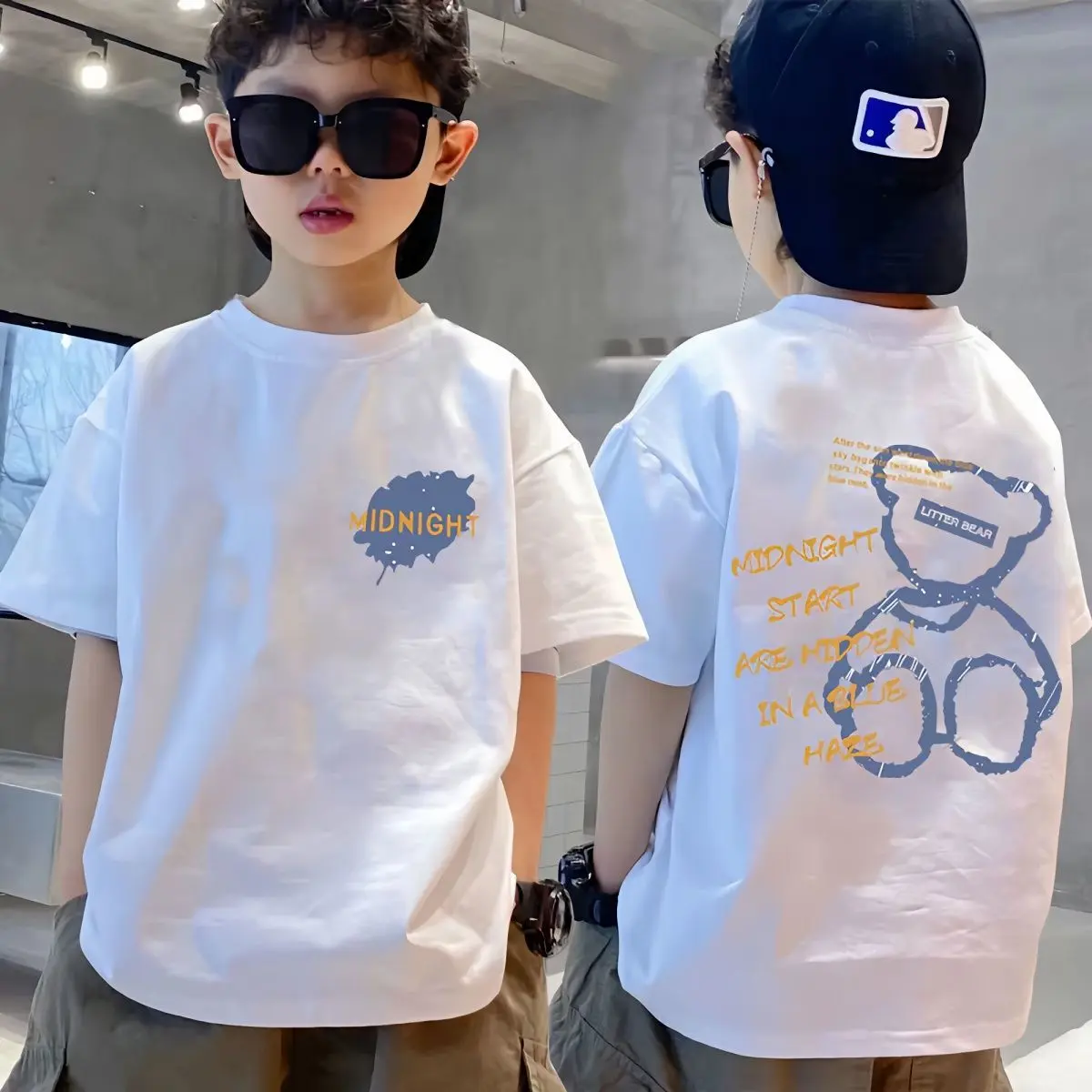 Áo Thun Ngắn Tay Cho Bé Trai, 100% Cotton, Dành Cho Trẻ Em, Hàng Mới Về, Dễ Phối Đồ Hợp Xu hướng, Thích Hợp Cho Mùa Hè 2024, Cỡ Trung Bình Và Lớn, Áo Sơ Mi Lớp Nền Hình Gấu Cho Trẻ Em