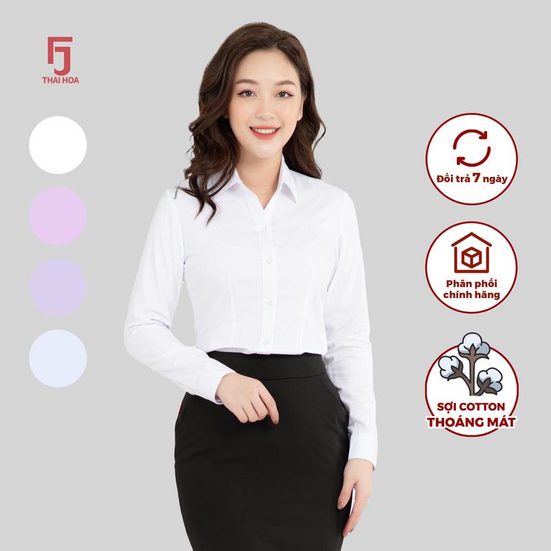  Áo R04 chất liệu cotton kẻ tăm dài tay Thái Hòa- form slimfit có chiết ly eo ASW0101-R04- RIÊNG TRẮNG KHÔNG RÕ KẺ Top Cổ Tròn 