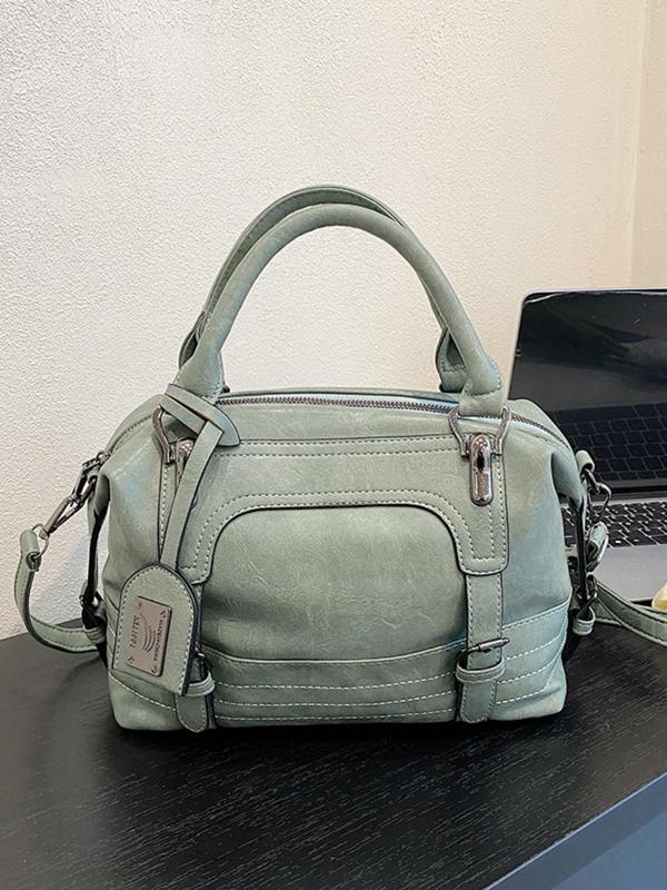 Women's Solid Color Oil Wax Boston Bag, Fashionable PU Leather Crossbody Bag for Daily Used, Casual Trendy Versatile High-quality Daily Commuting Bag 2