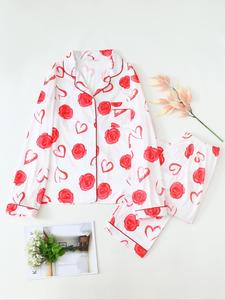 Two-piece Set Women's All Over Print Lapel Neck Button Front Pajama Set, Long Sleeve Pocket Top & Elastic Waist Pants Pj Set, Valentine's Day Gift for Girl