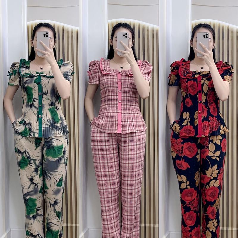 [ Quần Dài ] Set bộ dập ly cổ vuông chạy bèo cổ  chất măng gồ mềm nhẹ mát ko nhăn Voi Women Nữ Bo Chun Áo Nhung Top bomango set  đồ đẹp đồ  bộ set  dạ