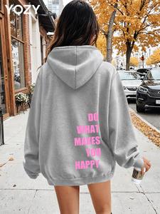 YOZY Women's Letter Print Drop Shoulder Hoodie, Fashion Casual Pocket Hooded Sweatshirt for Daily Holiday Outdoor Wear, Women Clothing for Fall & Winter