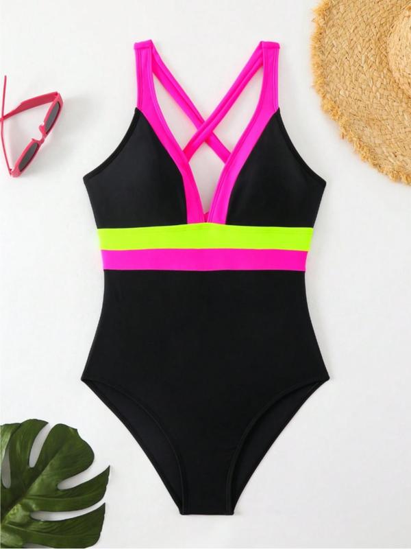 Women's Colorblock Patchwork One-piece Swimsuit, Casual Tight-fitting V Neck Sleeveless Swimwear for Beach Holiday Vacation, Ladies Swimsuit for All Seasons 2