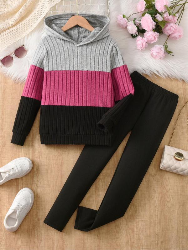Two-piece Set Girl's Kawaii Clothing Colorblock Ribbed Hoodie & Elastic Waist Pants, Casual Long Sleeve Hooded Pullover & Pants for Fall & Winter, Kids Clothes for Daily Wear， Co-ord Sets 0