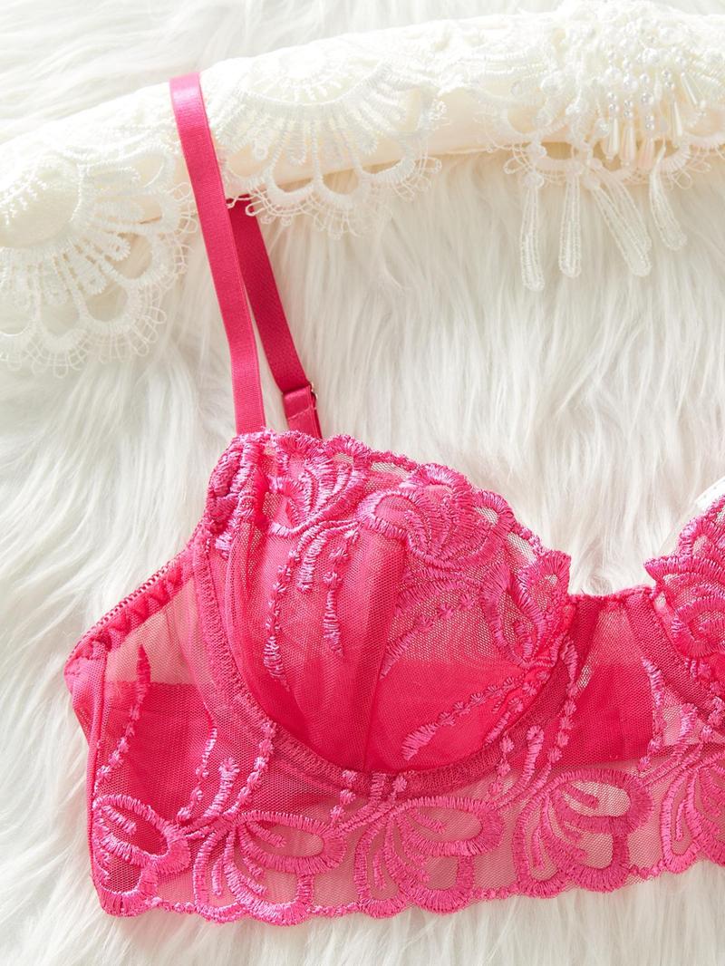 Product Introduction of Women's Solid Color Floral Embroidery Bra & Thong Two-piece Set, Sexy Cute Adjustable Strap Unlined Bra & Panty Set, Lingerie Set for Women 3