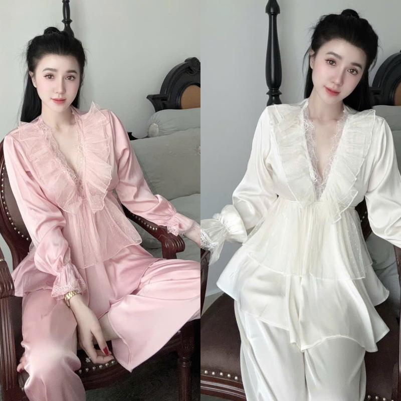 Đồ bộ nữ tiểu thư phối ren chất vải lụa Latin mềm mịn mát Freesize đồ  bộ pijama loopy Women Quần Ngủ Đen Áo Ngủ