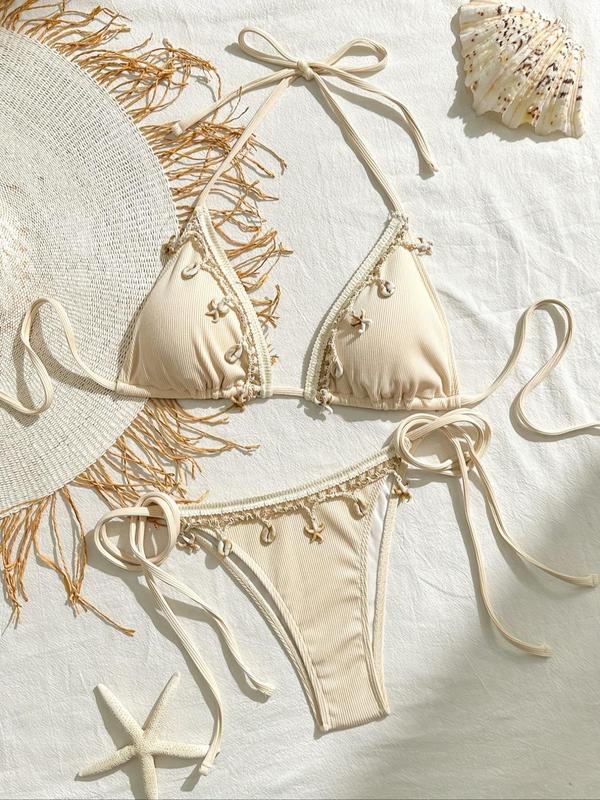Women's Solid Color Starfish & Conch Decor Halter Triangle Bikini Set, High Stretch Casual Fashion Tie Back Backless Swim Top & Tie Side Swim Bottom, Ladies Swimsuit for Beach Holiday Vacation 0