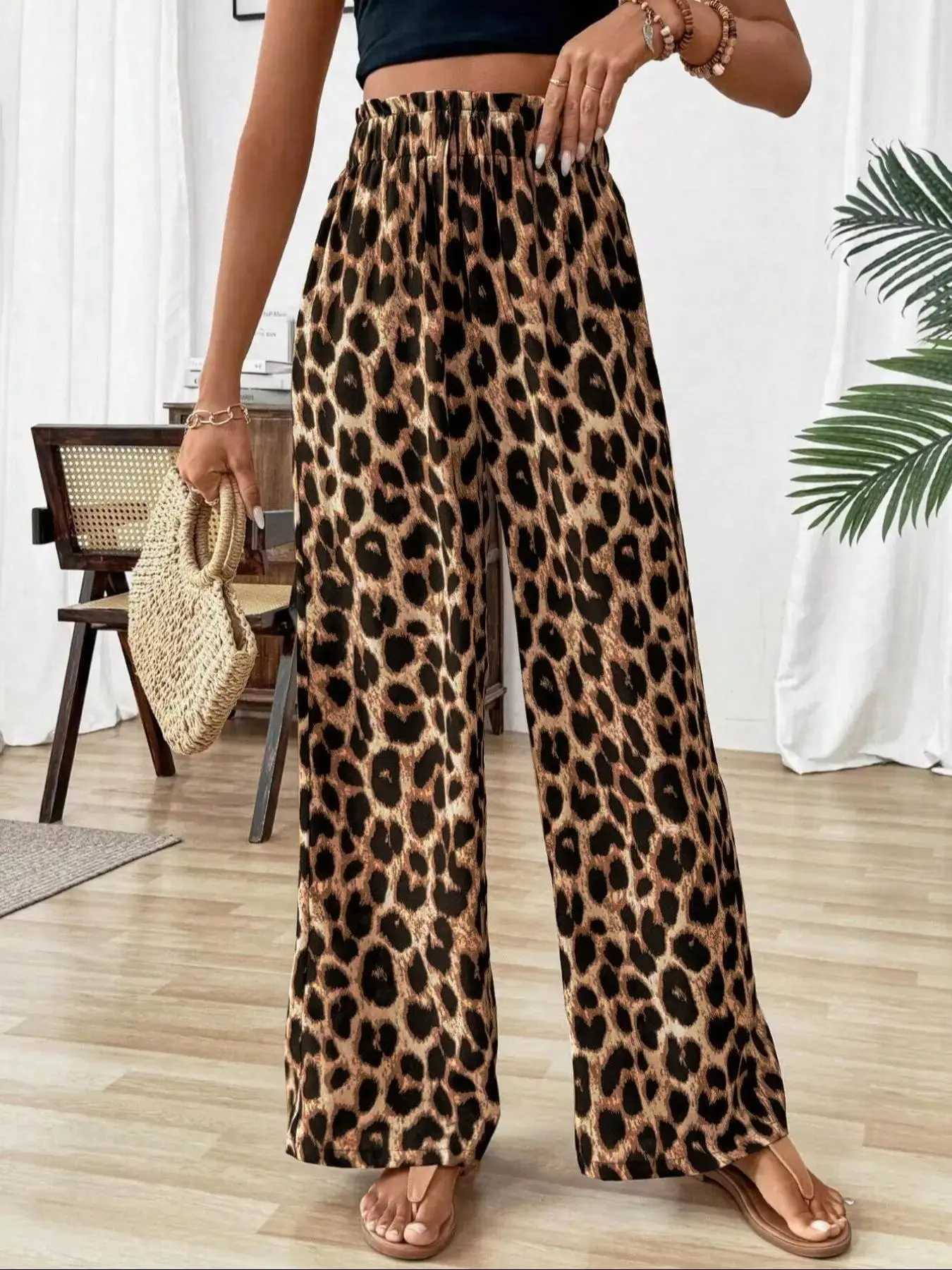 Women's Leopard Print Wide Leg Pants, Casual Comfy    Elastic Waist  Trousers for Daily Wear, Ladies Bottoms for All Seasons