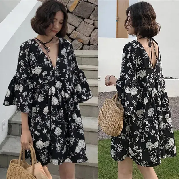 Váy Hoa Ngoại Cỡ Cho Nữ, Cổ Chữ V, Dáng Rộng Vừa Vặn, C9410, Có Sẵn Trong 50-100KG 0