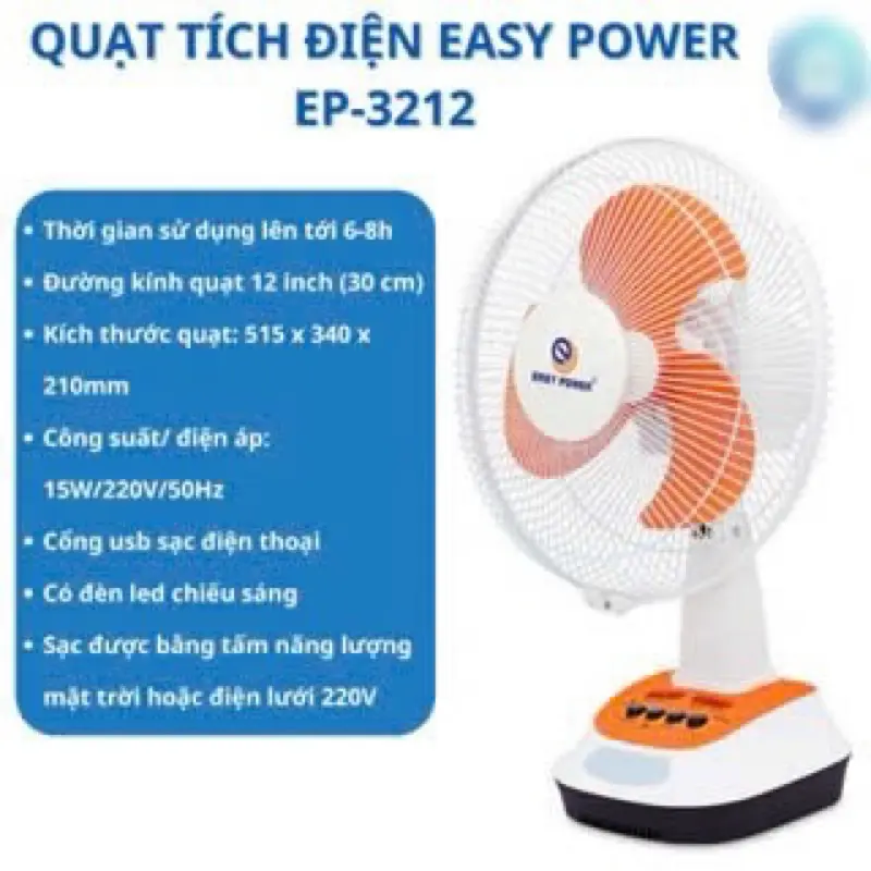 Quạt tích điện , năng lượng mặt trời chính hãng EASY POWER EP-3212A 2