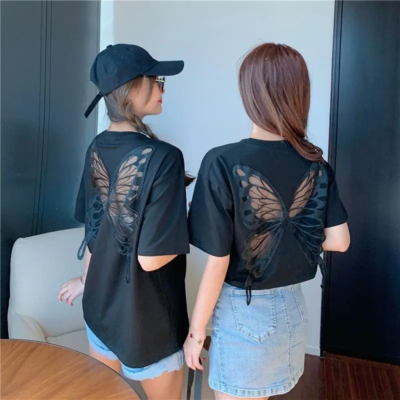 Áo Thun Cotton Ngắn Tay, Dành Cho Nữ, Bộ Sưu Tập Mùa Hè 2024, Thiết Kế Bướm Cánh Thêu, Lưng khoét Không Lưng, Thiết Kế Lén Lút, Dáng Rộng Vừa Vặn, Áo