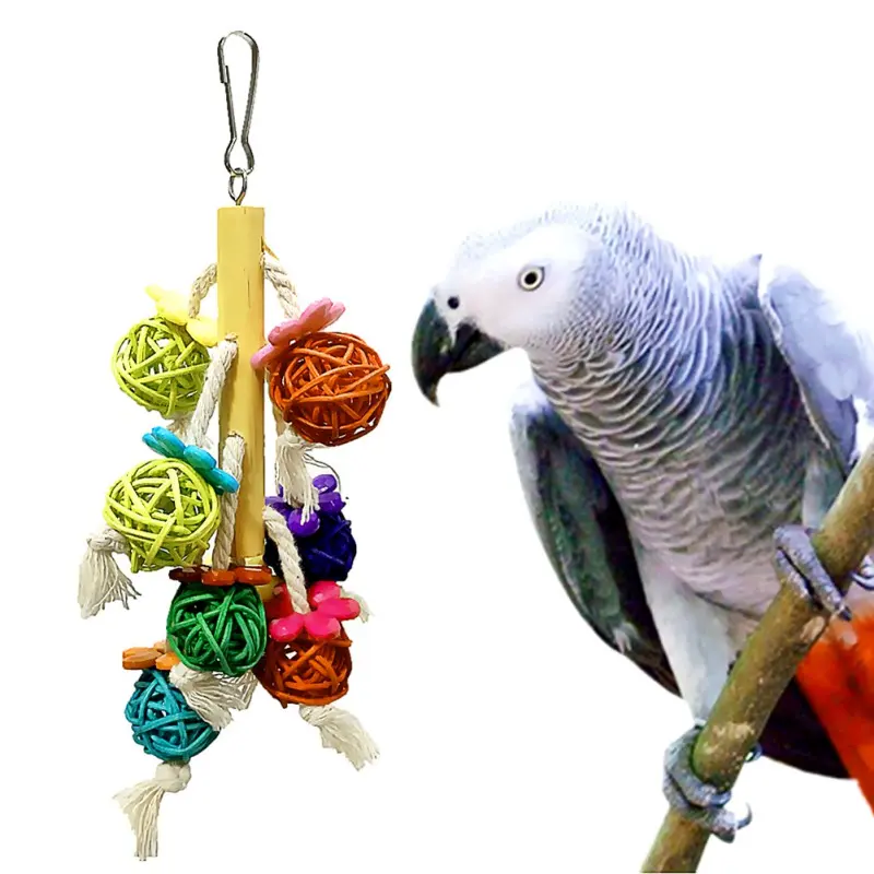 1pcs Parrot Chewing Toy Colurful Rattan Ball Hanging Bird Natural Wood Blocks Toy Parrot Nest Cage Accessories for Large Medium Birds