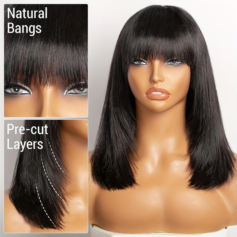 TikTok Shop New Glueless Straight Human Hair Wigs With Bangs Short Bob Wigs Cheap Bob For Women Remy Hair Wig On Sale