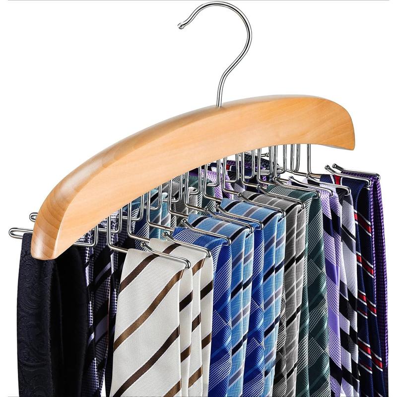 TikTok Shop Tie Rack Hanger for Closet Wooden Tie Holder Organizer Necktie Storage with 24 Folding Hooks 360 Degree Rotating Tie Rack for Men Ties Belts Scarves Tank Tops Accessories 1 Pack