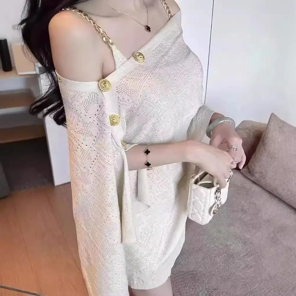 Váy Cardigan Thường Ngày Tay Áo Dài, Nút Đơn Giản, Bộ Váy Dệt Kim Trễ Vai, Khăn Choàng Bất Đối Xứng Một Vai Kiểu Pháp, Áo Dài Thanh Lịch