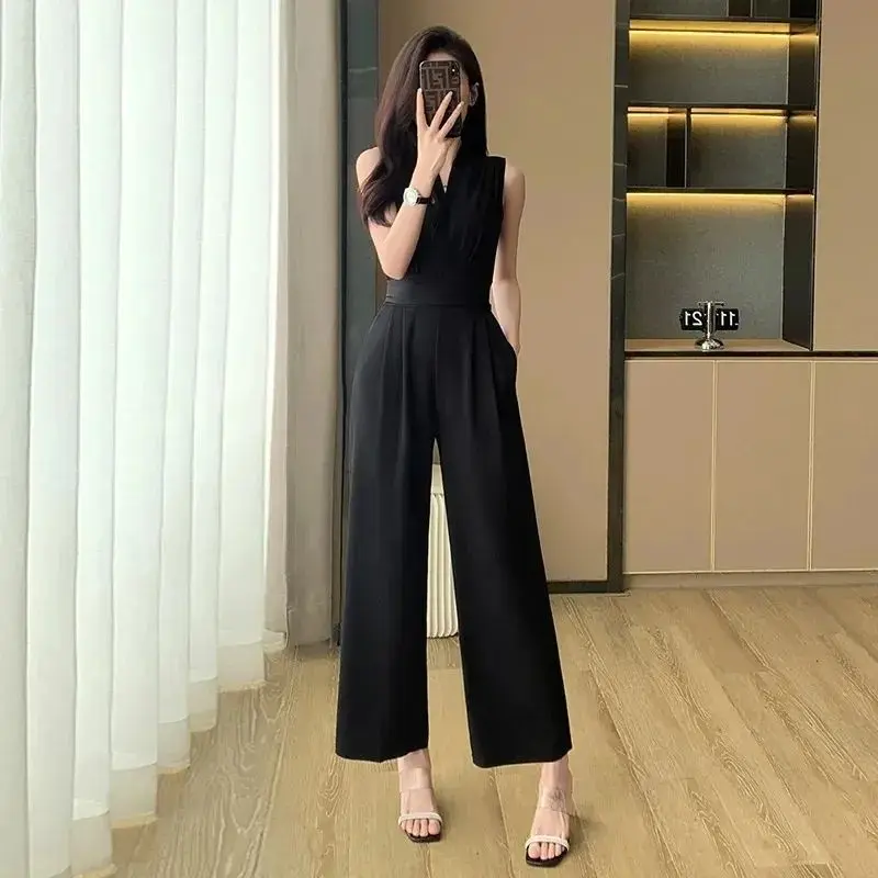 Áo Jumpsuit Quần Thanh Lịch Cho Nữ, Phong Cách Hàn Quốc, Thời Trang Mùa Hè, Cạp Cao, Không Tay, Bó Sát, Quần Âu Màu Đen, Thiết Kế Cắt Thẳng Chảy, Hàng Mới Về 2024