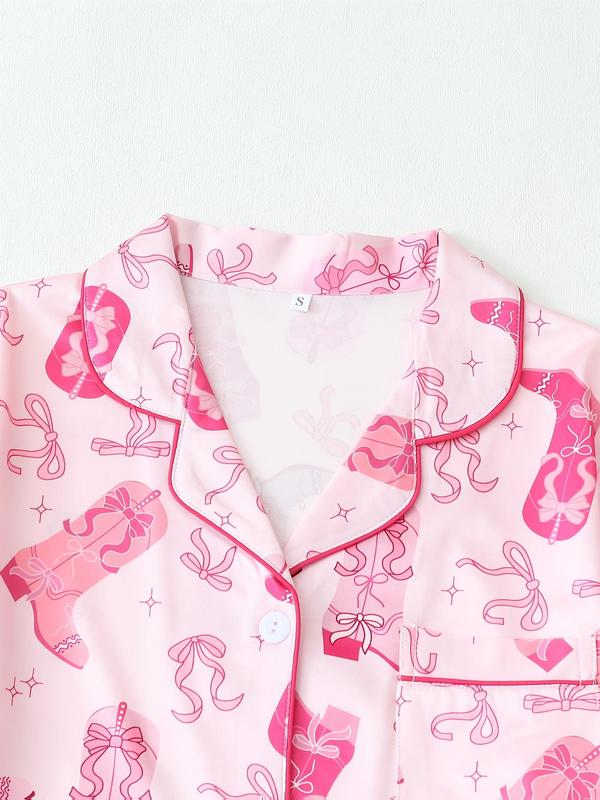 Women's All Over Print Lapel Shirt & Elastic Waist Shorts Pyjama Two-piece Set, Casual Comfy Short Sleeve Pocket Button Up Top & Shorts PJ Set, Ladies Summer Sleepwear, Loungewear 6