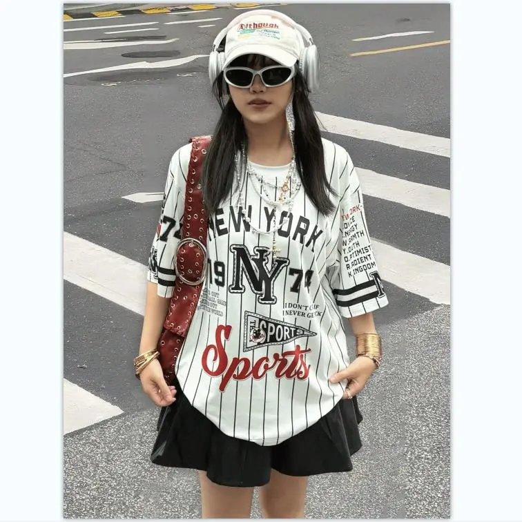 Áo Thun Thường Ngày Cho Nữ, Cổ Thuyền ngắn Tay, Họa Tiết Sọc Và In Chữ, Áo Thun Họa Tiết Áo Nữ Women Top 1