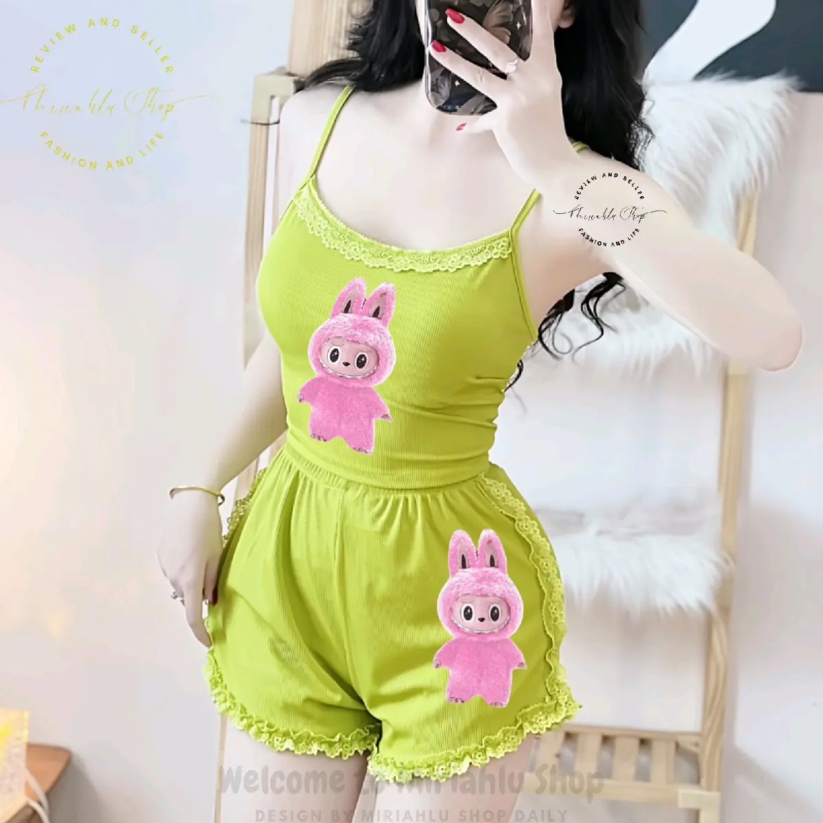 Set Labubu, Áo Croprop 2 Kèm Quần Đùi Ngắn Phối Ren In Hình Labubu (Nhiều Màu), Đồ Ngủ Labubu, Bộ Ngủ Labubu, Bộ 2 Dây Labubu, Women Kem Nữ Thun