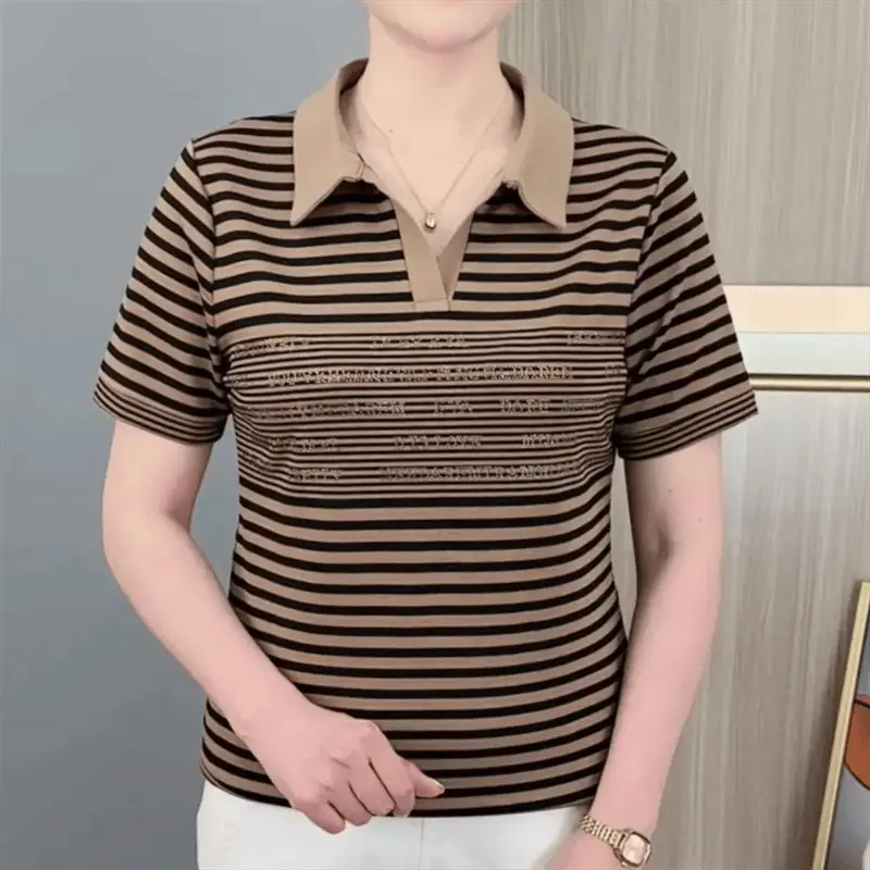 Áo Sơ Mi Kẻ Sọc, Thiết Kế Thanh Niên, Cổ Bẻ Áo, In Chữ, Kim Cương Giả Nóng Bỏng, Dáng Rộng Vừa Vặn, Thanh Lịch Và Hoang Dã, Áo Phông Mỏng, Hàng Mới Về Mùa Hè Shirt Nữ