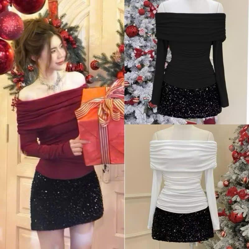 Áo thun nữ tay dài trễ vai chất thun gân tăm dày dặn co giãn thảo mái bigsize AT084