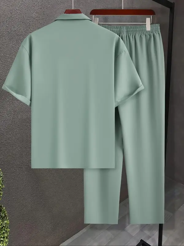 Two-Piece Set Men's Solid Button Front Shirt & Drawstring Waist Straight Leg Pants, Regular Fit Casual Lapel Neck Short Sleeve Top & Pocket Trousers for Daily Wear, Men's Two-piece Outfits for Spring & Fall & Summer, Menswear, Clothes 5