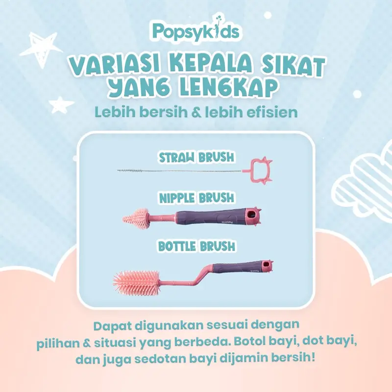 Popsykids Silicone Bottle Brush Set 3 in 1 - Sikat Botol Bayi Silikon 3 in 1 BPA Free Perlengkapan 1