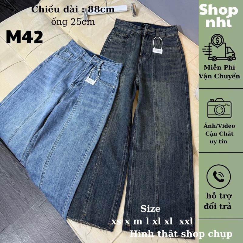 Quần jean nữ ống suông rộng lai tua 89 90cm size xs s m l jean ko giãn ống 25cm M42