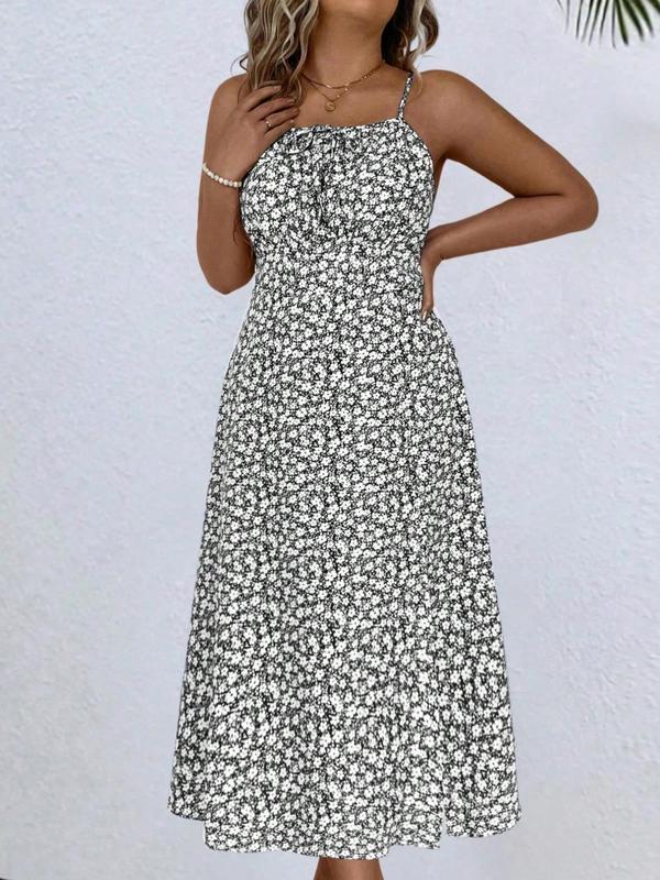 Womenswear【plus Size】 Ditsy Floral Print Shirred Split Thigh Cami Dress, College Outfits Casual Wear Boho Sleeveless Backless A-line Dress for Beach Vacation Holiday,2024 Sundress Maxi Going Out Dress, Green Dress Girl Black Dress 2