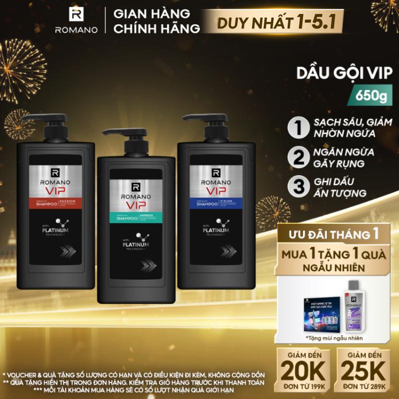   DUY NHẤT 1-5.1  ĐƠN 199K TẶNG 2 QUÀ  Dầu gội Dưỡng Tóc cho nam Romano cao cấp VIP mạnh mẽ bí ẩn 650g - 3 mùi hương Impress   Passion   Vision 
