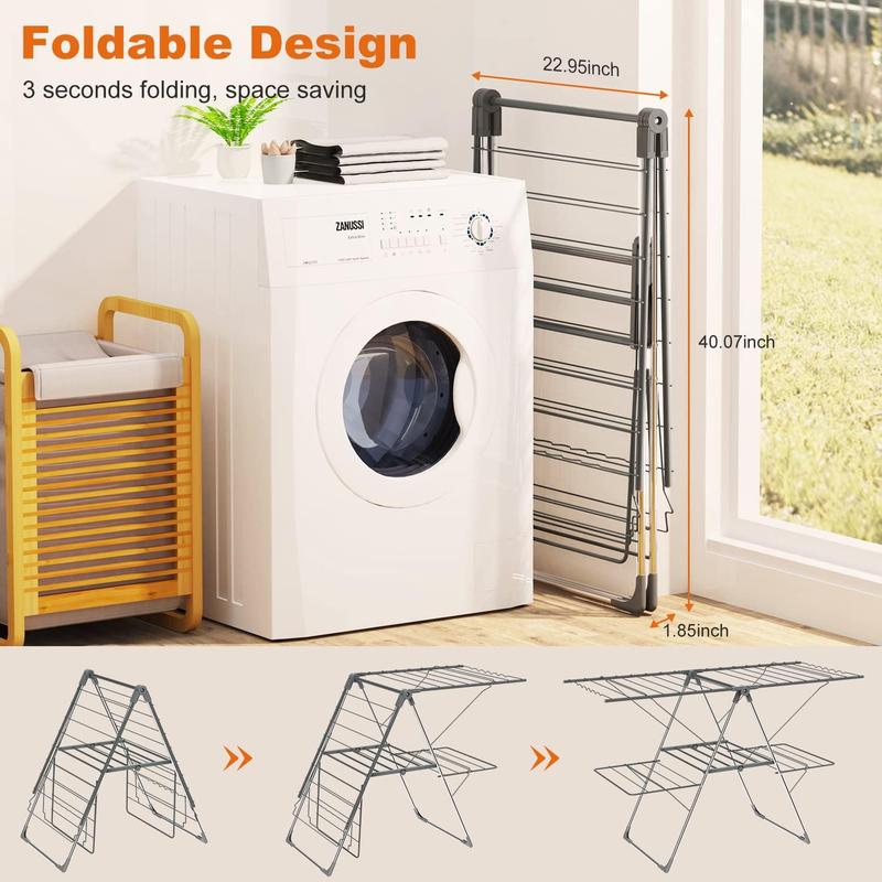 Airer with 33 bars, 2-Level Foldable Clothes Drying Rack Indoor Outdoor, Stainless Steel Large Clothes Horse, 6 Height-Adjustable Laundry Drying Rack (Grey) 4