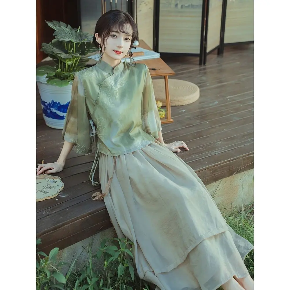 Áo Choàng Trà Zen Phong Cách Trung Quốc Mới, Sườn Xám, Bộ Đồ Hai Mảnh, Hanfu Cải Tiến Hàng Ngày, Phong Cách Quốc Gia Nghệ Thuật, Váy Giảm Béo Nhẹ Nhàng, Mùa Hè Đầm, Nữ, Dress