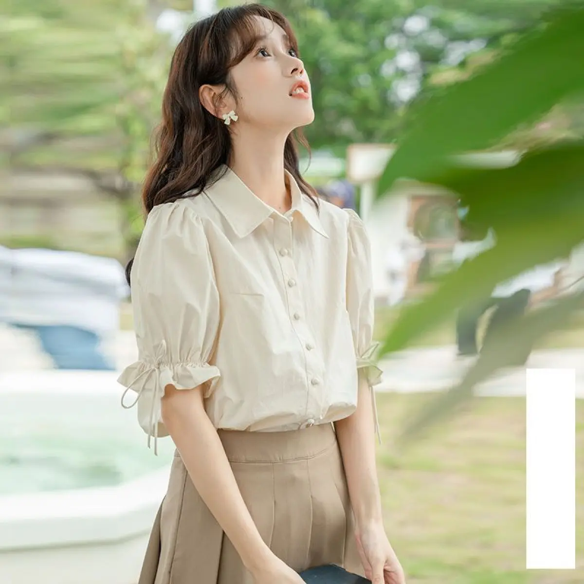 Áo Sơ Mi ngắn Tay Áo, Thiết Kế Tay Phồng Dành Cho Nữ, Bộ Sưu Tập Mùa Hè 2024, Phong Cách Nhật Bản, Áo Ngọt Ngào Áo Sơ Mi Dáng Rộng Dễ Phối Đồ Hàng Mới Về