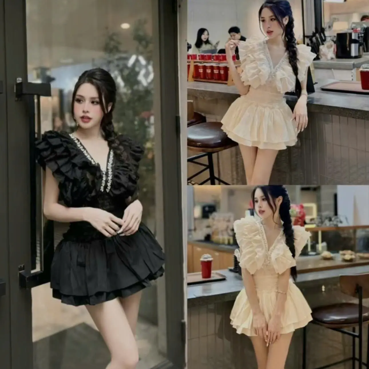 SET ÁO BÈO CỔ V ĐÍNH ĐÁ BLING MIX CHÂN VÁY BO EO DÁNG XÒE