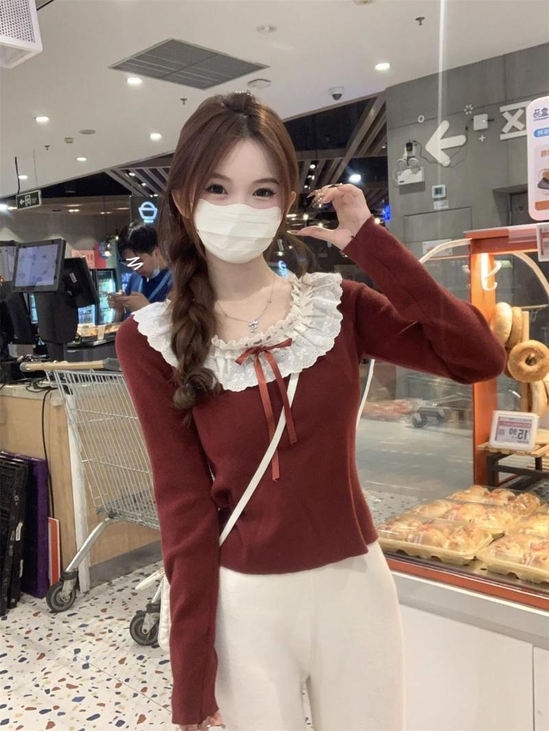 Product Introduction of Áo Sơ Mi Lông Cừu, Cổ Búp Bê Thiết Kế Màu Đỏ, Ấm Áp Và Mềm Mại, Áo Dài Tay Sang Trọng Nơ Ren Mùa Thu Và Mùa Đông Của Phụ Nữ Women Top 17