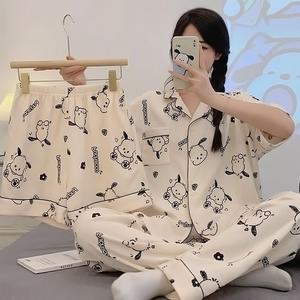Soft Breathable Womens Pajamas 3 Piece Short Sleeve Sleepwear Set Featuring Adorable Cartoon Pacha Dog Print Lightweight Cotton Feel Fabric Ideal for Hot Weather Lounging or Light Outdoor Use