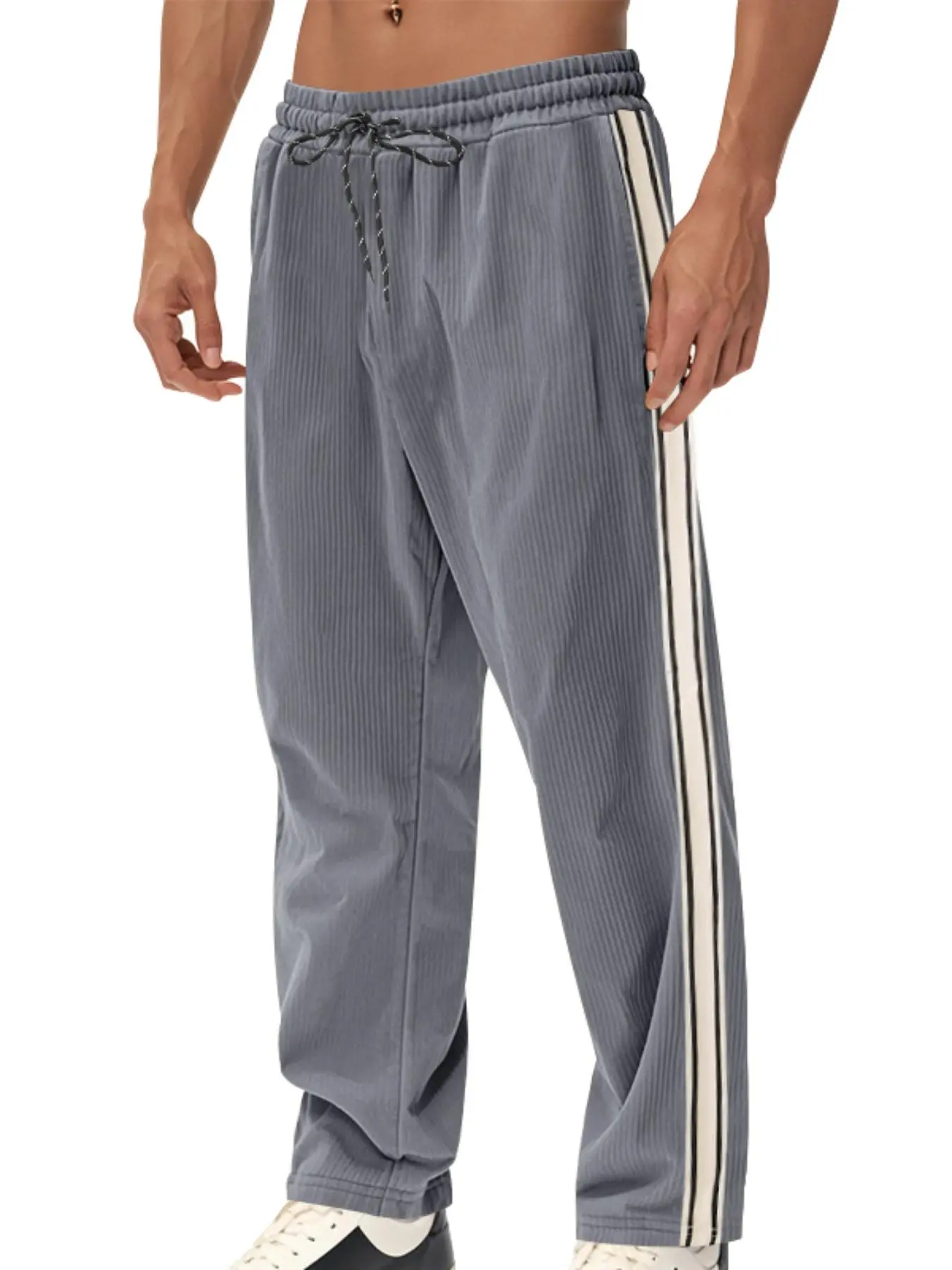 Men's Solid Color Side Stripe  Drawstring Waist Corduroy  Pants, Regular Fit Casual Comfy Pocket Trousers for Daily Wear, Men's Bottoms for All Seasons