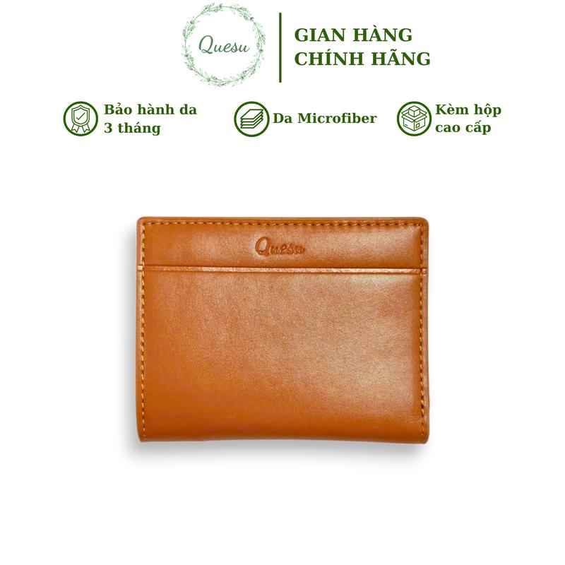Ví da cầm tay nữ ngắn gập đôi hình chữ nhật Quesu nhiều ngăn màu đen nâu bò trơn kèm hộp đựng cao cấp