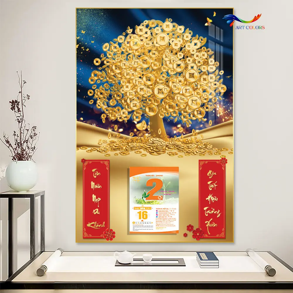 Lịch gỗ treo tường tráng gương 2025- Cây kim tiền 40x60cm- Tặng kèm BLOC ĐẠI