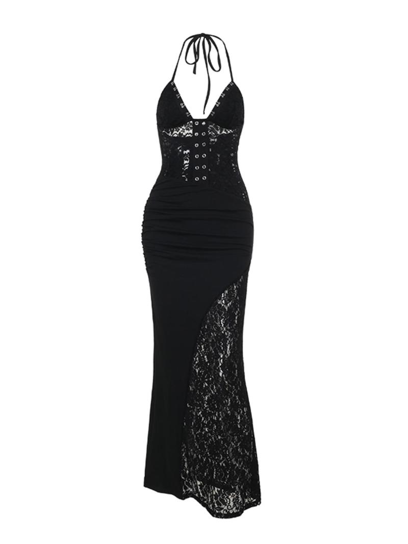 Product Introduction of Women's Plain Floral Lace Backless Halter Dress, Elegant Sheer Sleeveless Dress for Party Club Dating Wear, Ladies Summer Clothes 8