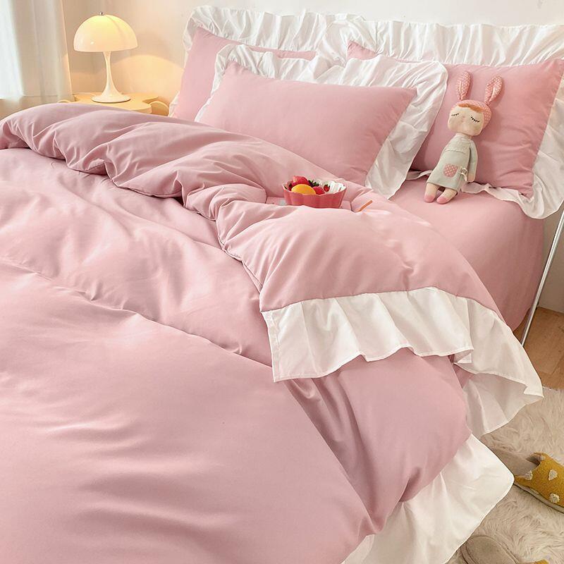 Product Introduction of Ins Princess Wind Fairy Girl Heart Solid Color Cream Matte Bed Three or Four Piece Set Internet Red Lotus Leaf Lace Korean Edition 21