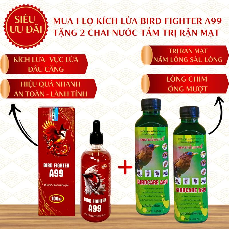 Combo: 1 Chai A99 Thái + 2 chai nước tắm chim cảnh - A99 giúp chim cảnh hót nhiều hơn, nước tắm giúp chim sạch sẽ rận mạt, nấm ngứa. Dùng cho mọi loại chim: Chào mào, chích chòe, họa mi, chim khướu, vành khuyên, hút mật, ...
