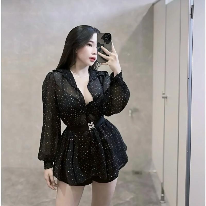 Áo sơ mi voan đá sáng rộng kèm dây đai Nữ Women Voi Top Kem 5